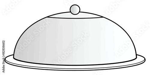 A simple, clean illustration of a silver domed food cover with a handle on a round platter