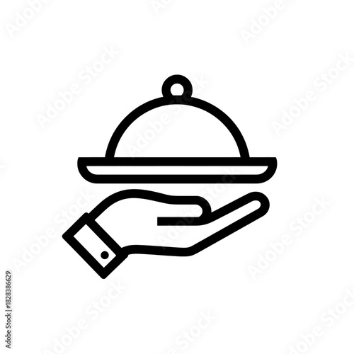 A black outline icon depicting a hand holding a covered serving platter on a white background