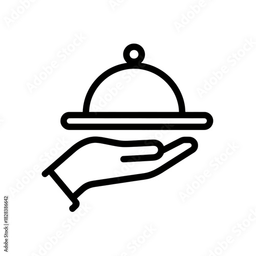 Black outline icon of a hand holding a covered serving platter on a white background