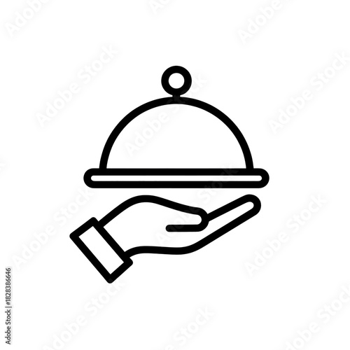 A line art icon of a hand serving a covered food cloche dish on a white background