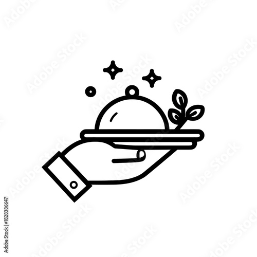 Line icon of a hand holding a domed food platter with garnish and sparkles