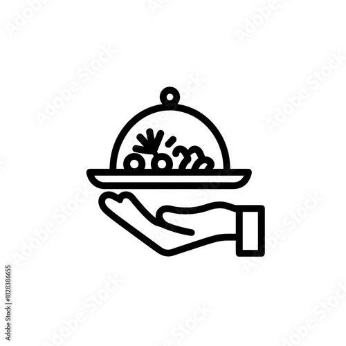 Outline icon of a hand holding a domed serving platter with food inside