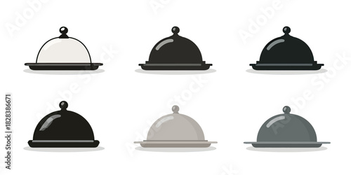 Six various color cloche food covers with trays and shadows on white background