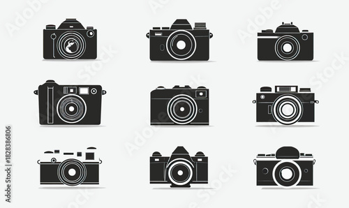A grid of nine black and white vintage camera icons with varying designs and details