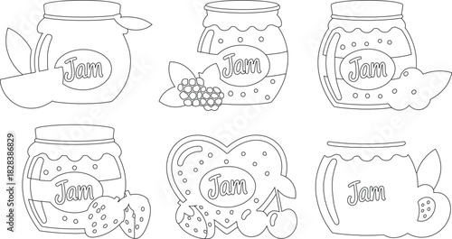 Outlined Jam Jars with Fruit Blackberry, Strawberry, Cherry, and Peach Illustrations