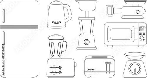 Outlined Kitchen Appliances Illustration Refrigerator, Kettle, Toaster, Blender, Food Processor, Microwave, and Scales Line Art