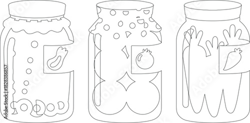 Outlined Jars Filled with Preserved Vegetables, Each with an Individual Produce Label and Simple Embellishments