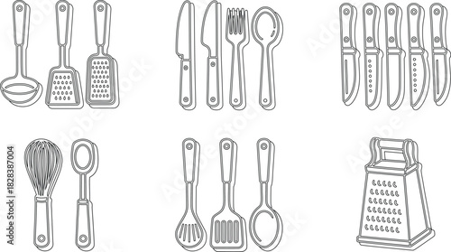 Outlined Kitchen Utensils Illustration Ladle, Spatulas, Knives, Whisk, Spoon, Fork, Grater, Perfect for Coloring Pages