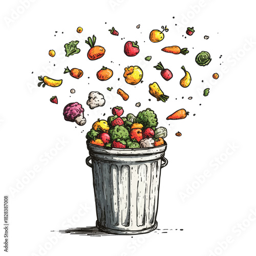 Colorful fruits and vegetables overflowing from a trash can, with some floating above
