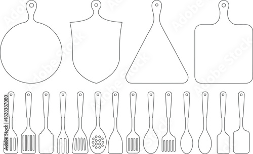 Outlined Kitchen Utensils Various Shapes of Cutting Boards and Spatulas for Culinary Use