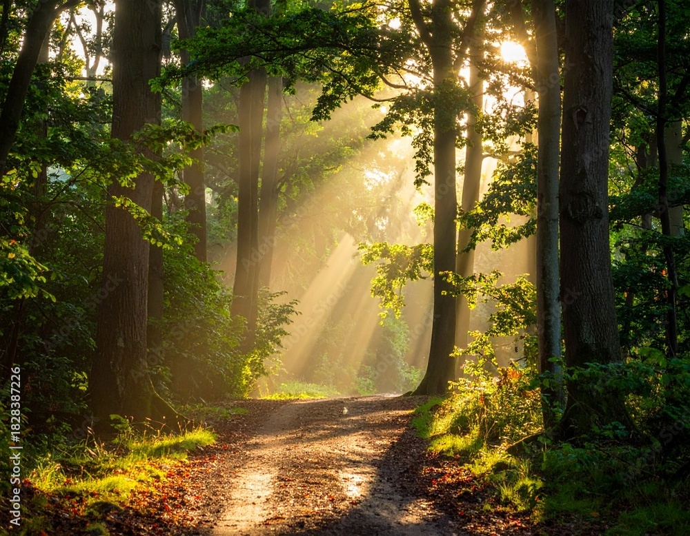 Fototapeta premium Sunlit Forest Path Serenity Woodland Scene with Golden Rays of Light Through Trees.