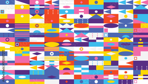 A vibrant and dynamic geometric pattern featuring a playful arrangement of shapes and colors creating a modern design