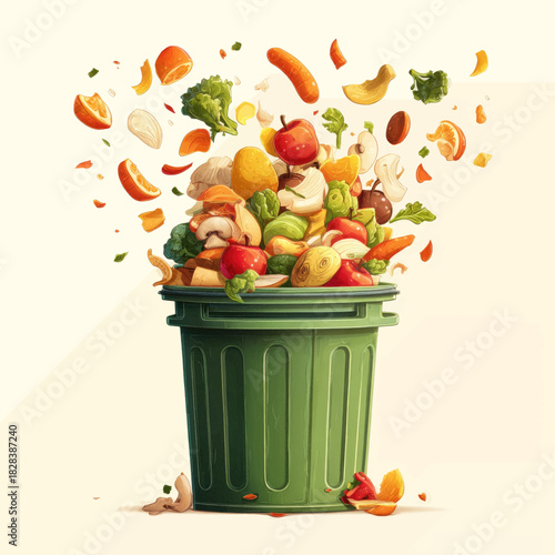 Green trash can overflowing with assorted fruit and vegetable waste, flying around