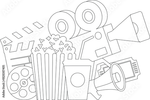 Outlined Movie Night Clipart Film Camera, Popcorn, Soda, Clapboard, Megaphone, Film Reel, Ticket