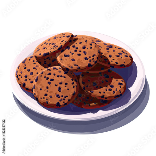 Illustration of numerous chocolate chip cookies piled on a white plate, inviting dessert