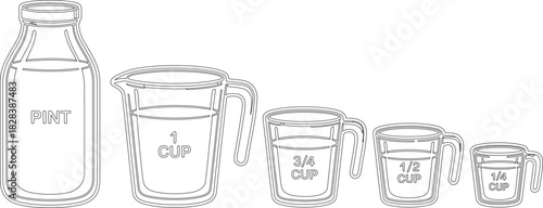 Outlined Pint Bottle with Measuring Cups Ranging from One Cup to Quarter Cup