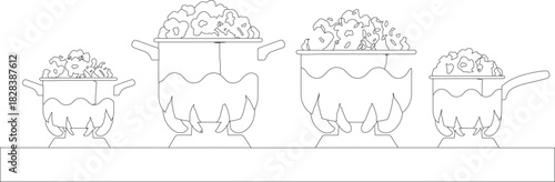 Outlined Pots of Popcorn Cooking Over Open Flames on a Countertop Against a White Background