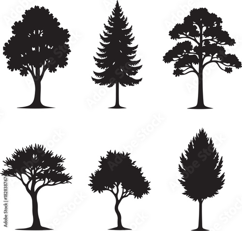 Six black tree silhouettes on white background vector