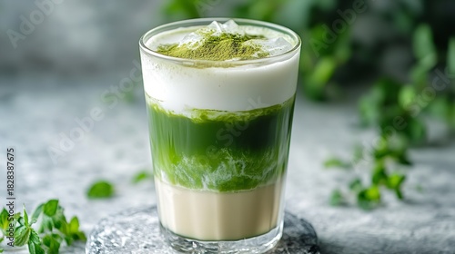 A refreshing layered matcha latte with milk and green tea powder on a textured gray background
