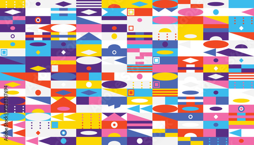 Vibrant geometric pattern featuring a dynamic arrangement of shapes and colors, creating a visually engaging design