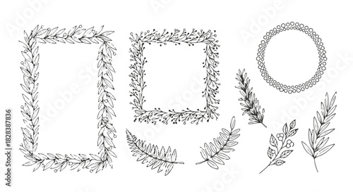 Botanical vector frames, borders, and laurel wreaths hand drawn for vintage wedding design isolated PNG with Transparent Background