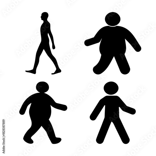 Diverse human body types and walking silhouettes vector set