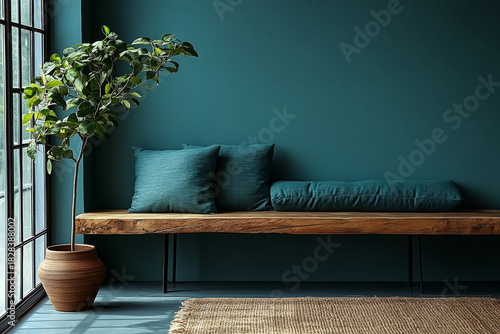 Cozy interior with teal walls, wooden bench, and green plant in modern living space