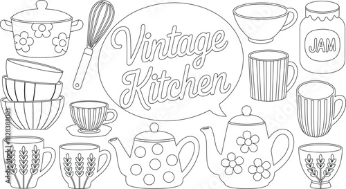 Outlined Vintage Kitchenware Teapots, Mugs, Bowls, Whisk, Pot, and Jam Jar Illustration Ready for Coloring!