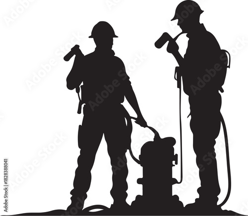 Two black silhouettes of firefighters with hoses and equipment