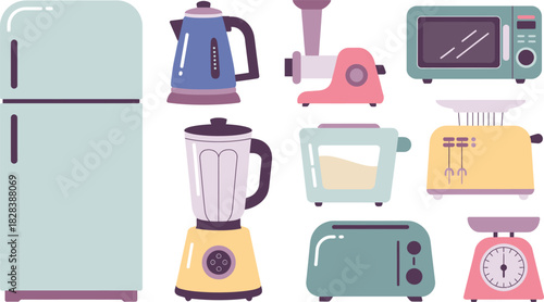 Pastel Kitchen Appliance Collection Refrigerator, Kettle, Blender, Meat Grinder, Microwave, Toaster and Scales Illustration