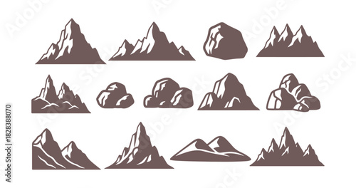 mountains, hills, and rocks create a vector landscape of a rocky valley. Icons of mountain peaks, canyon ranges, and alpine valley hills represent activities like hiking, camping