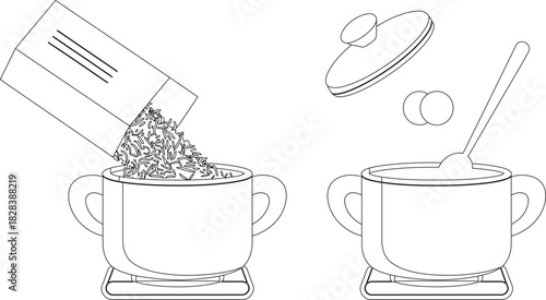 Rice Pouring into Pot, Covered Pot with Spoon Black and White Cooking Illustration