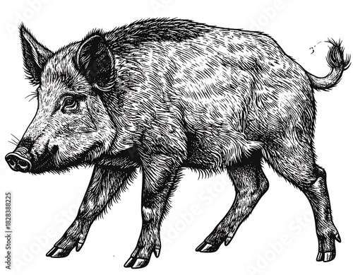 Detailed black-and-white drawing of a hairy, wild boar walking on a white background