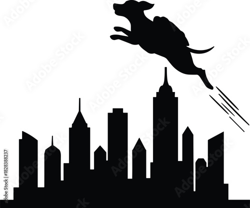 Cartoon superhero dog silhouette flying above city skyline with cape, whimsical fantasy animal hero artwork, dynamic urban vector illustration