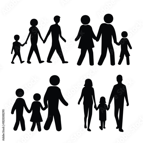 Diverse family and parent child relationship silhouettes set