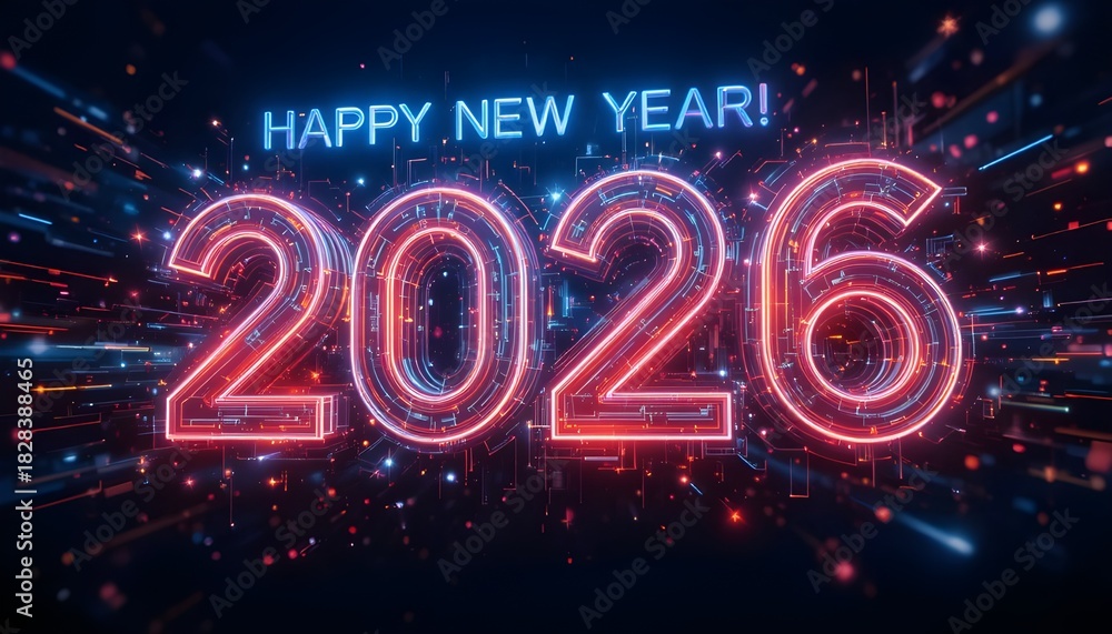 Obraz premium “Happy New Year 2026 neon glowing numbers, futuristic cyberpunk style, dark background with abstract light streaks and bokeh particles, high-resolution commercial graphic”