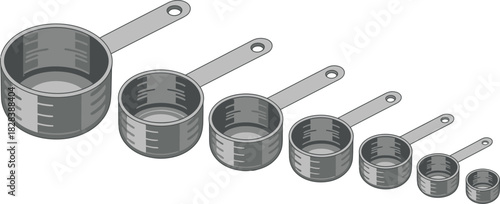 Set of Gray Measuring Cups with Increments and Handles Isolated on White