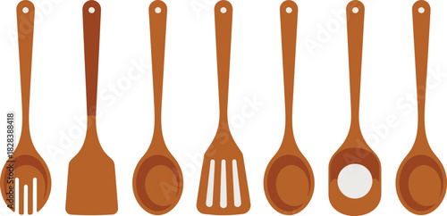 Seven Brown Wooden Kitchen Utensils Spoons and Spatulas Organized In a Row