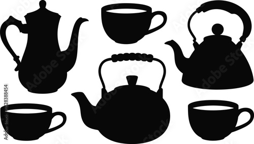 Silhouette Tea Set Teapots and Cups in Black and White Illustration Style