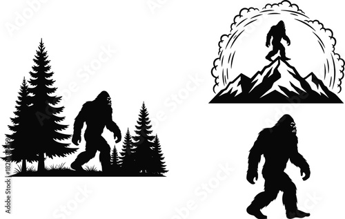 Black Silhouette Set of Bigfoot (Sasquatch) Walking Through a Pine Forest and Standing Victoriously Atop a Mountain Peak Vector Illustration.