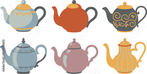 Six Colorful Cartoon Teapots Vintage Style Kitchen Decor and Tea Party Illustration