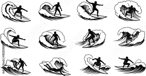 Set of Black Surfer Silhouettes Riding Ocean Waves and Barrels in Dynamic Poses, Ideal for Surf Shop Branding, Summer Sport Design, and Water Adventure Graphics.