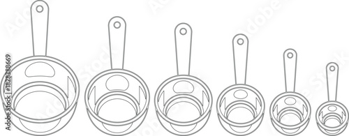 Six Measuring Cups in Ascending Size with Handles, Outlined in Black and White