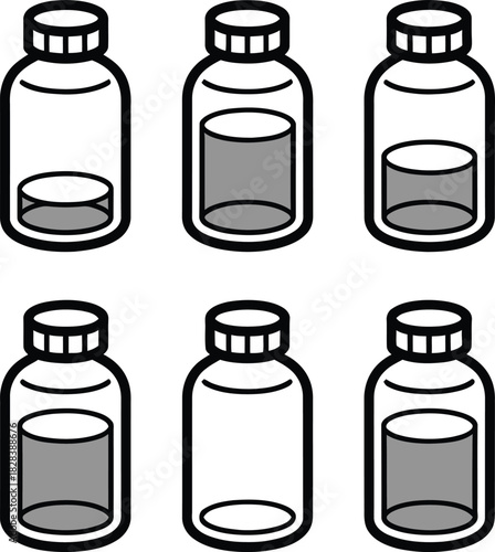 Six Simple Glass Bottles with Varying Fill Levels, Displayed in Two Rows on White