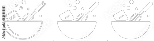 Outlined Baking Set Spatula, Whisk, Bowl with Bubbles in a Triplicated Monochrome
