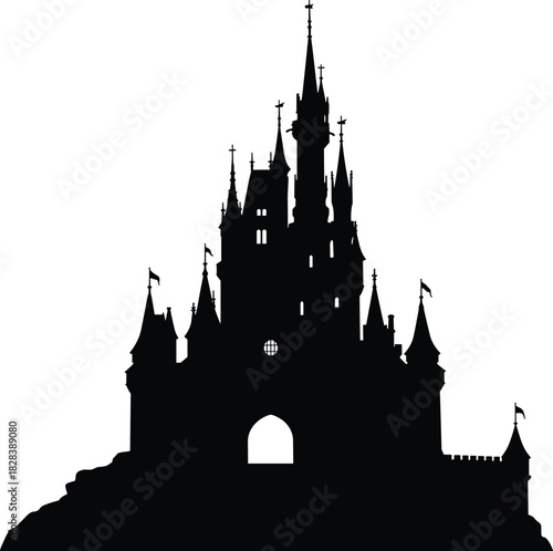 Fantasy castle silhouette, black vector illustration, towers and spires with flags, fairy tale architecture, iconic structure, magical kingdom, symmetrical design