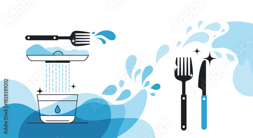 Graphic illustration of water purification for safe consumption and sparkling clean dishes, emphasizing hygiene.
