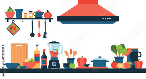 A vibrant flat design kitchen illustration showcasing a counter filled with fresh produce, cooking utensils, and appliances, perfect for preparing healthy meals.
