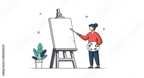 A female artist with a bun paints on an easel, holding a paintbrush and a colorful palette, embodying creativity.