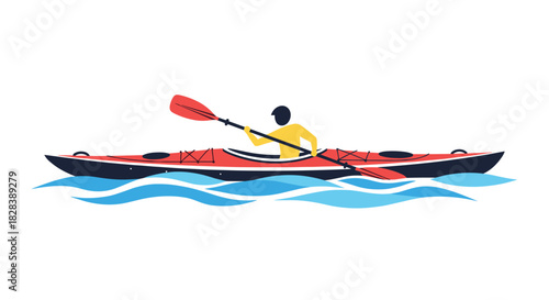 A person paddles a red kayak on blue waves, enjoying a water sport in a recreational outdoor activity.